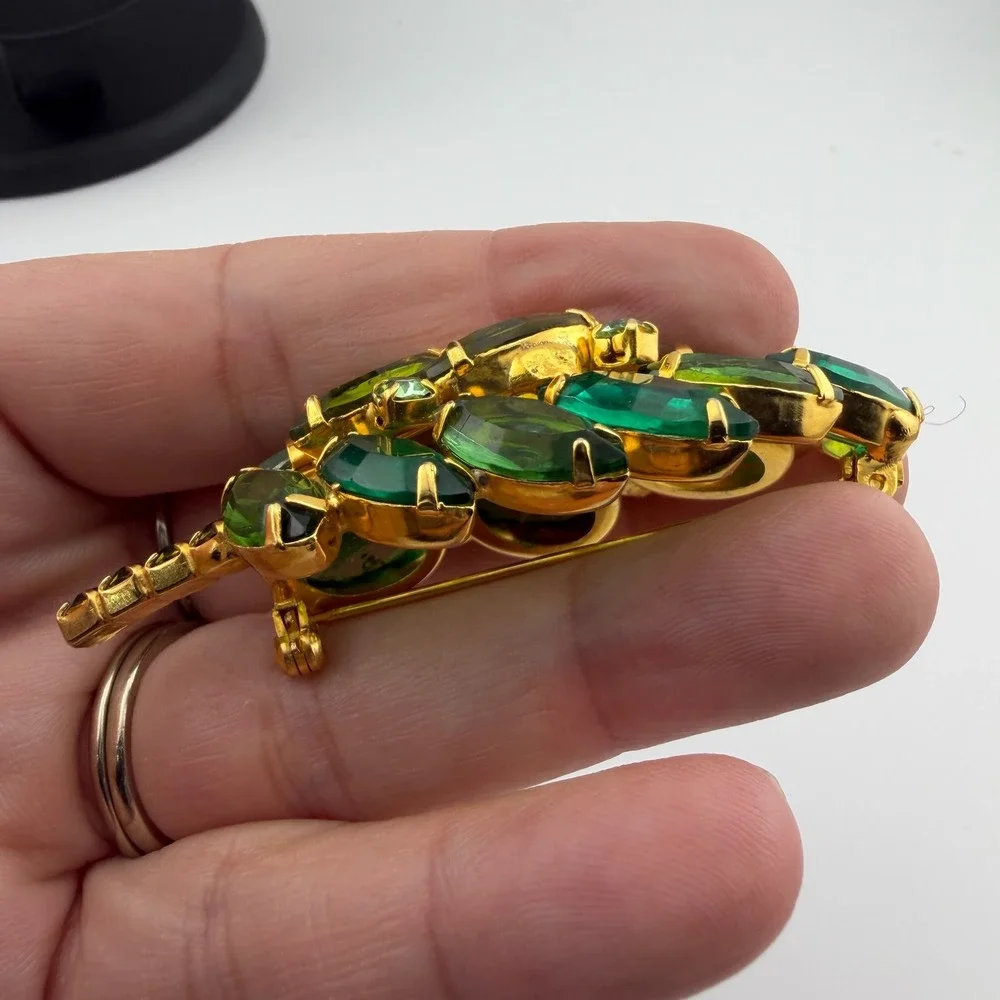 Vintage Reverse Carved Givre Rhinestone Leaf Brooch Statement Pin